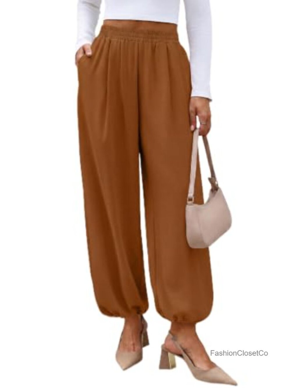 High Waist Balloon Pants for Women, Wide Leg Trousers with Pockets, 100%
